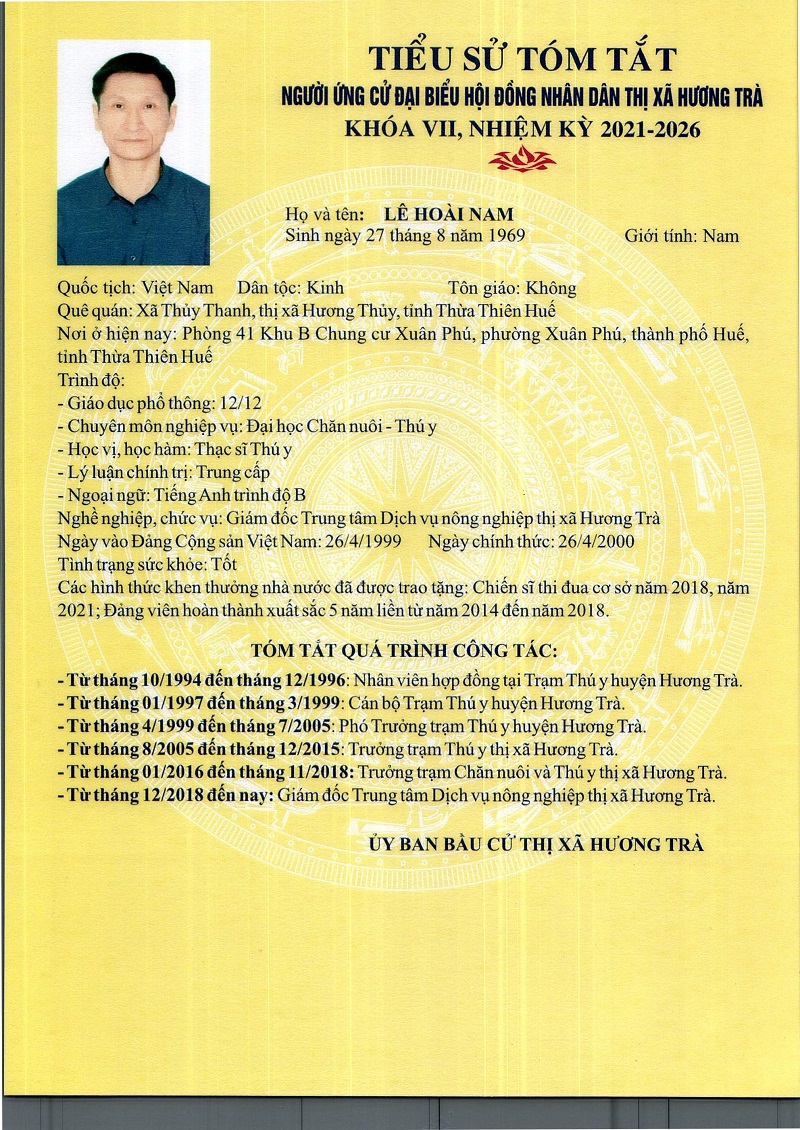 Tiểu sử của ông Lê Hoài Nam, ứng cử đại biểu HĐND thị xã khóa VII, nhiệm kỳ 2021-2026
